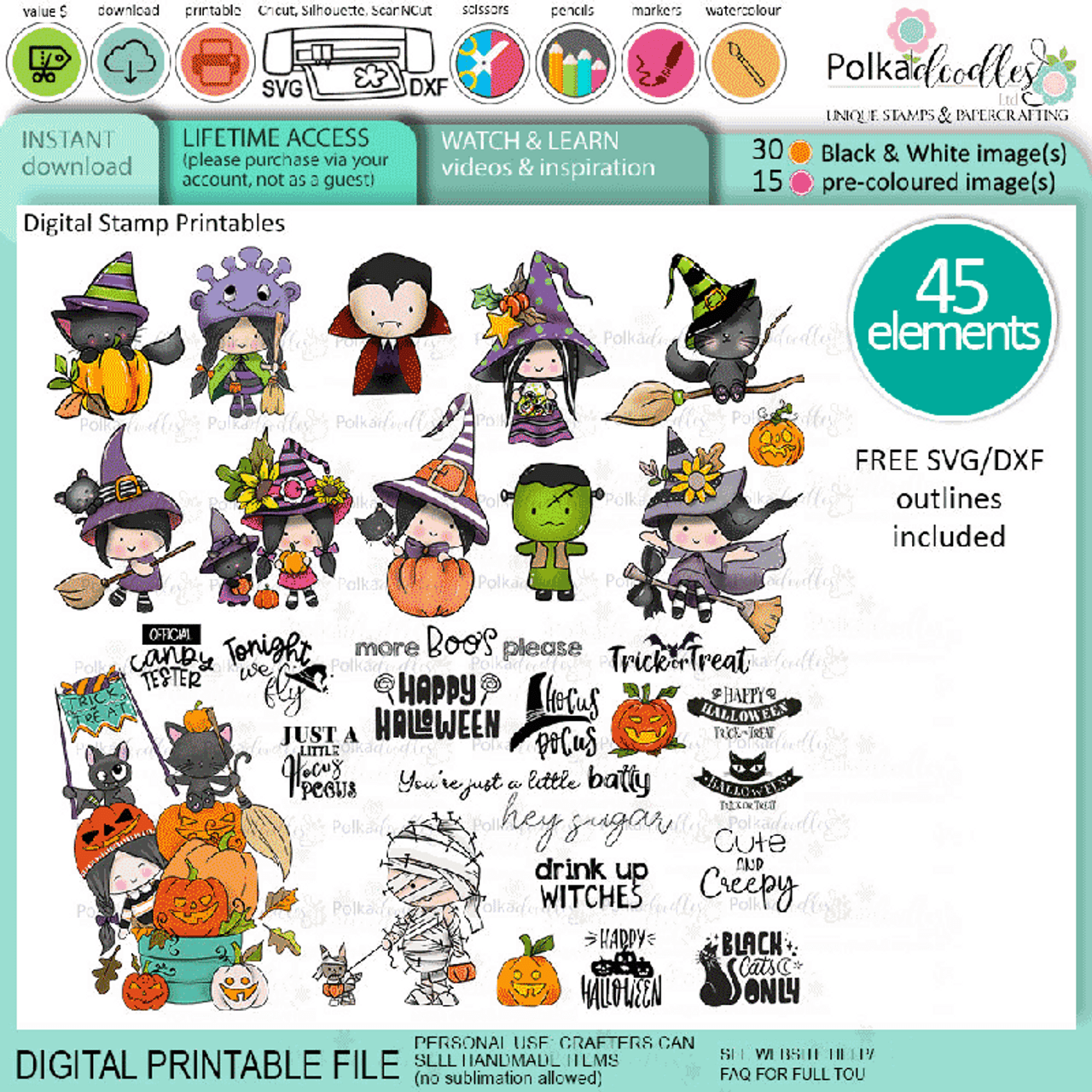 Hocus pocus witches halloween printable digital stamp craft card making scrapbooking sticker