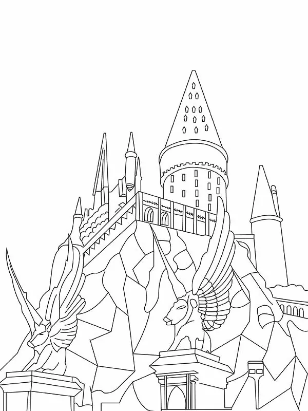 Hogwarts statues and castle coloring page