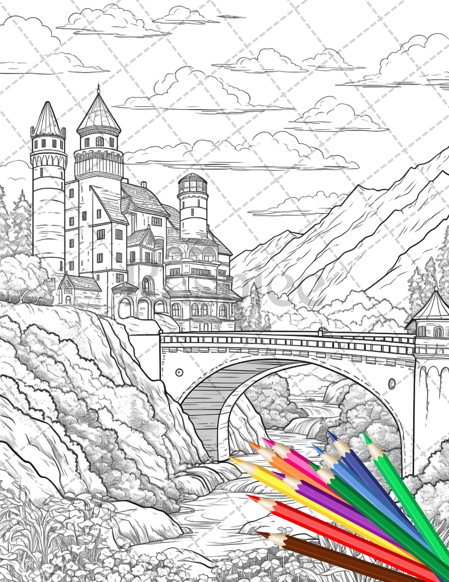 Fantasy castles coloring book for adults grayscale coloring page â coloring