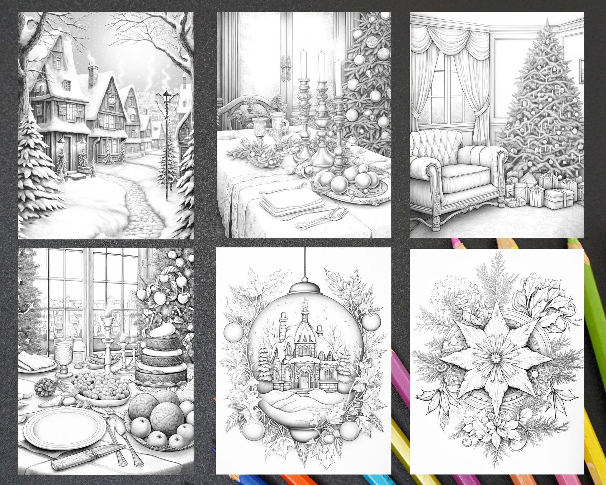 Merry christmas grayscale coloring pages printable for adult holid â coloring