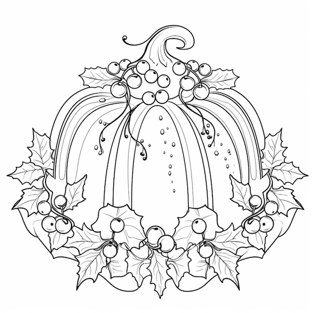 Premium ai image a coloring page with a pumpkin and holly leaves generative ai