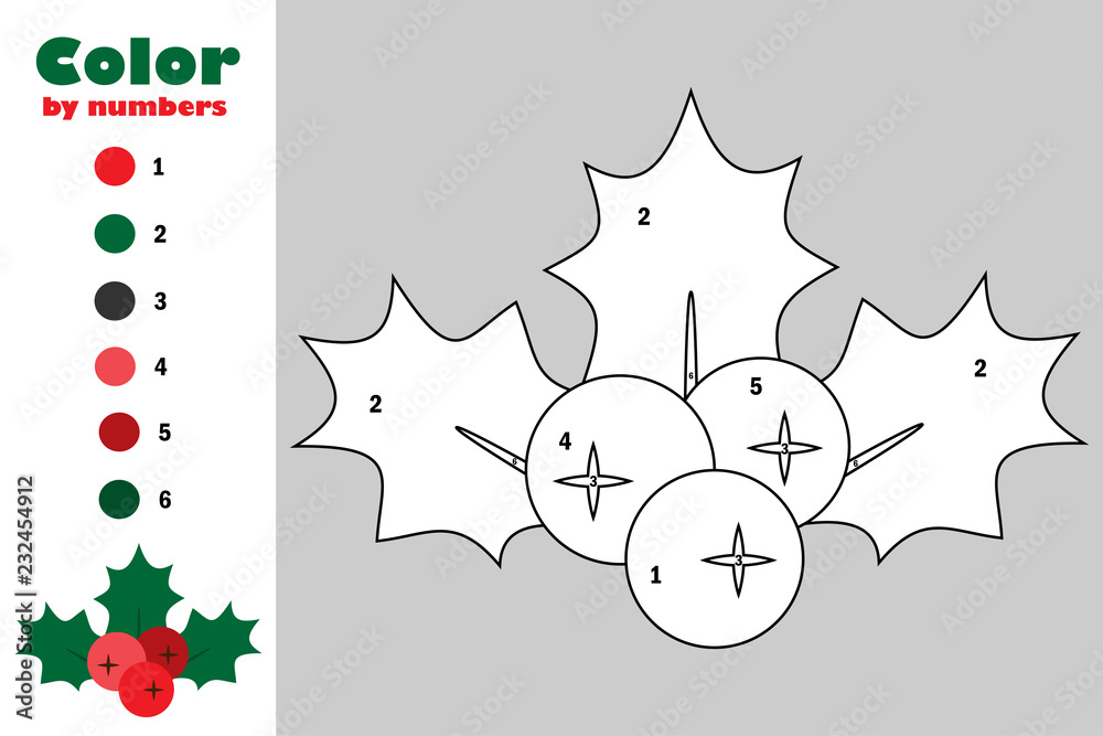 Mistletoe berry holly cartoon style color by number christmas education paper game for the development of children coloring page kids preschool activity printable worksheet vector illustration vector
