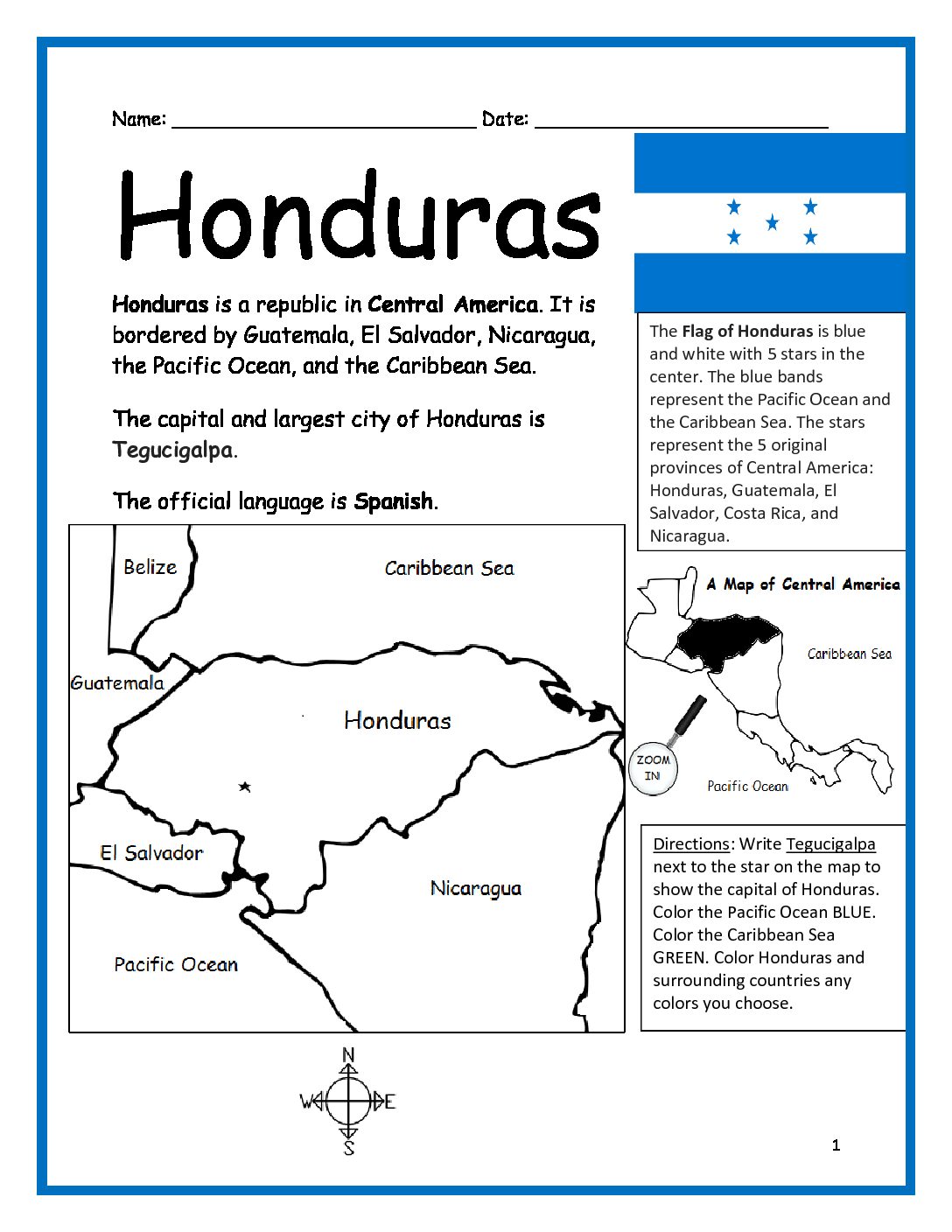 Honduras printable worksheet with map and flag
