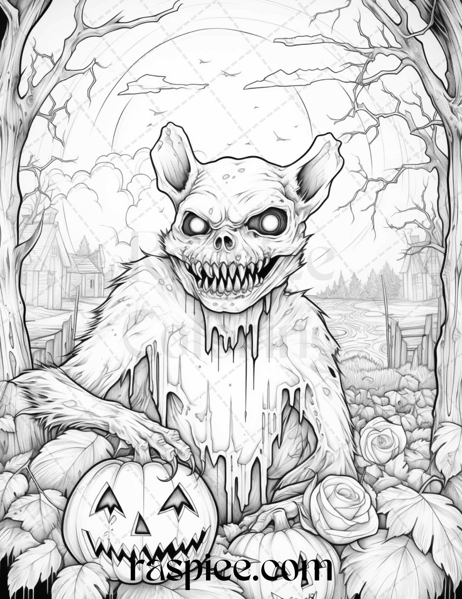 Horror zombie animals grayscale coloring pages printable for adults â coloring