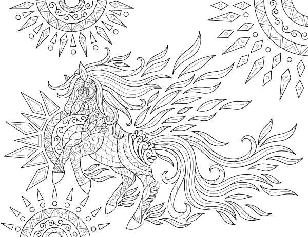 Printable celestial horse adult coloring page
