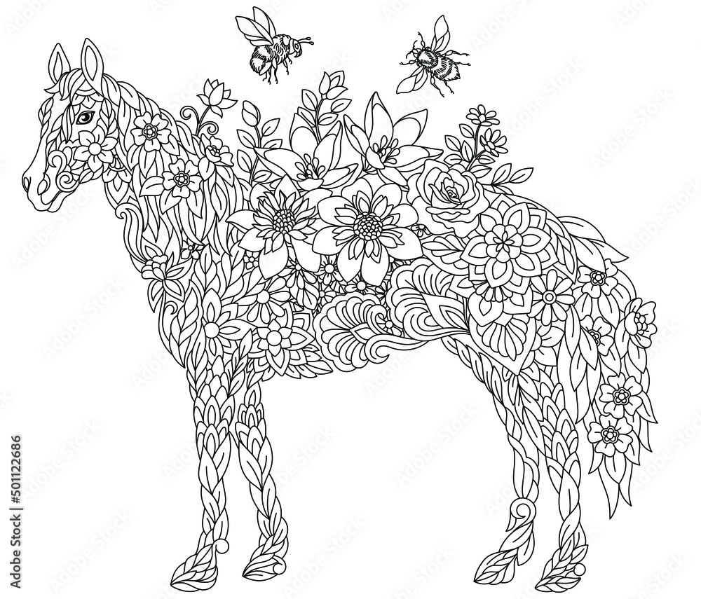Floral adult coloring book page fairy tale horse ethereal animal consisting of flowers leaves and honey bees vector