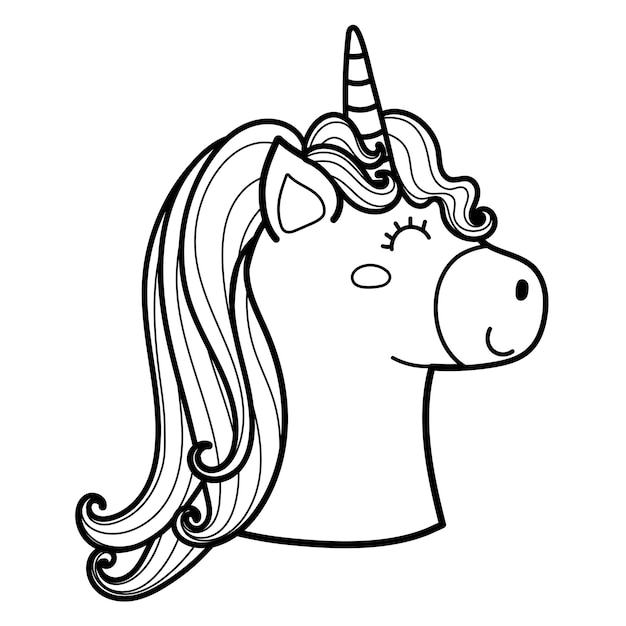 Premium vector magic unicorn character face in outline cute horse head coloring page vector illustration