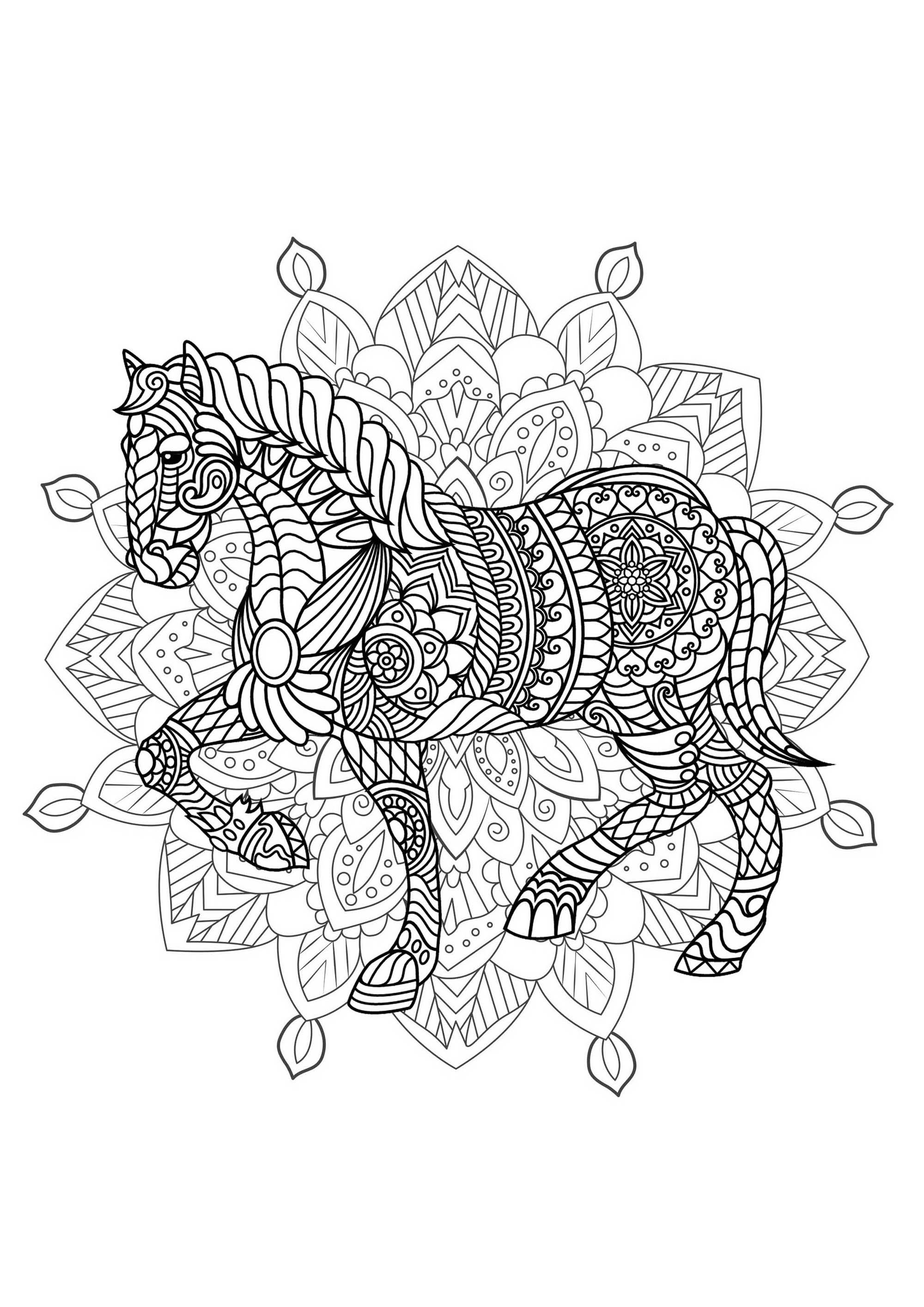 Complex mandala coloring page with horse