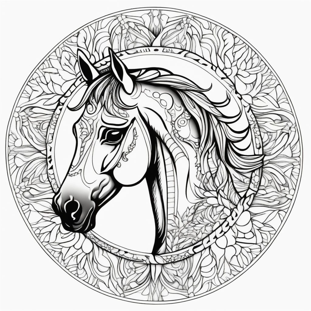 D outline simple monochromatic childrens coloring book page featuring a horse
