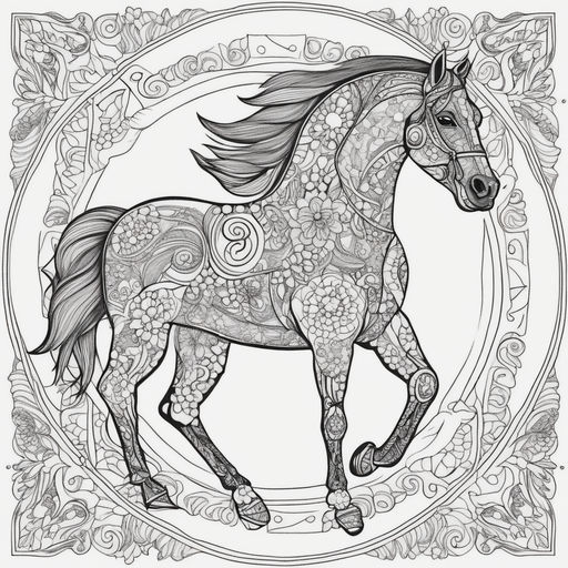 D outline simple monochromatic childrens coloring book page featuring a horse