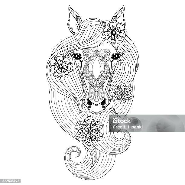 Vector horse coloring page with horse face on mandala backgroun stock illustration