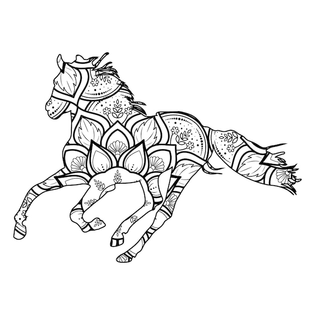 Premium vector horse mandala coloring page for kids and adults animal vector line art design style illustration