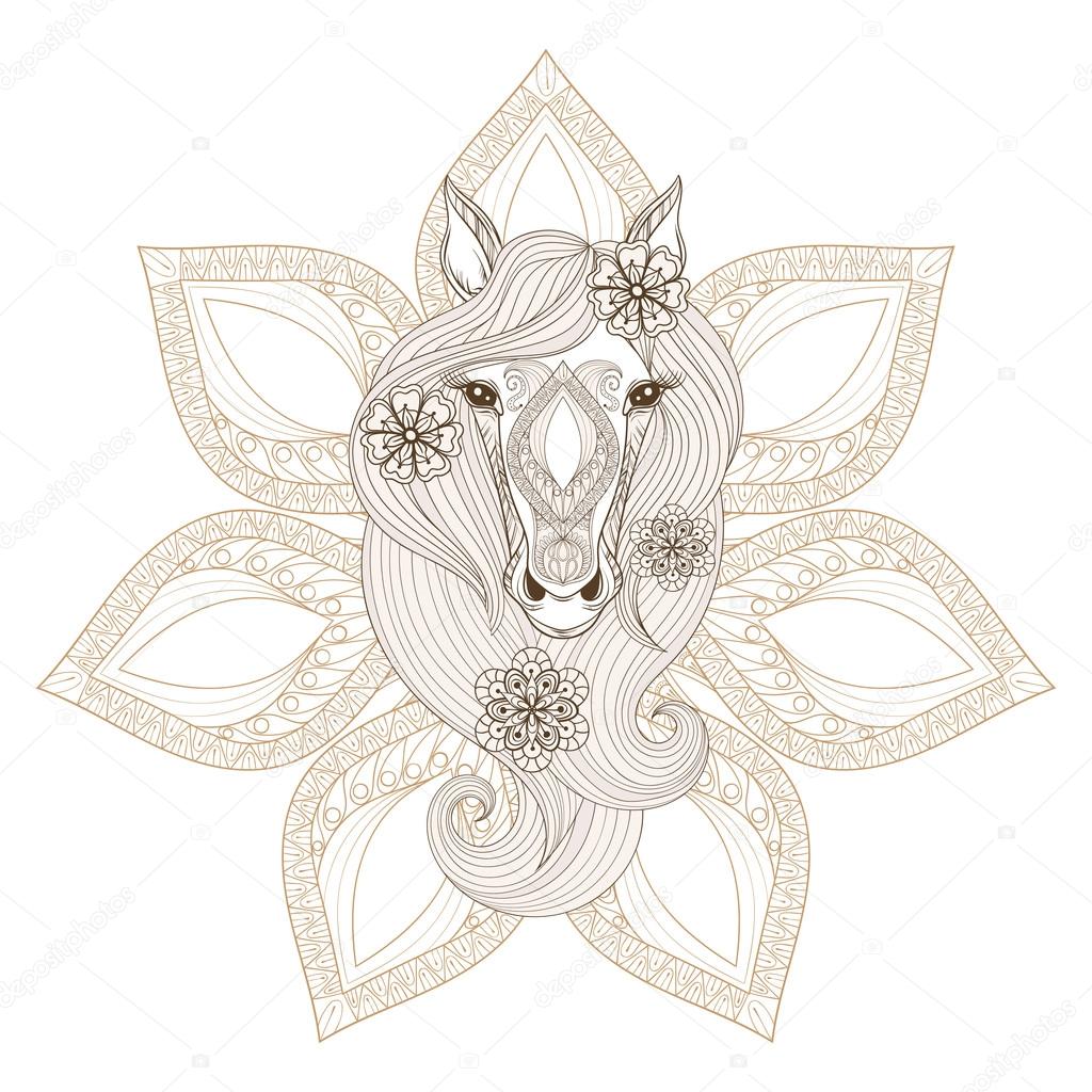Vector horse coloring page with horse face on mandala backgroun stock vector by ipanki