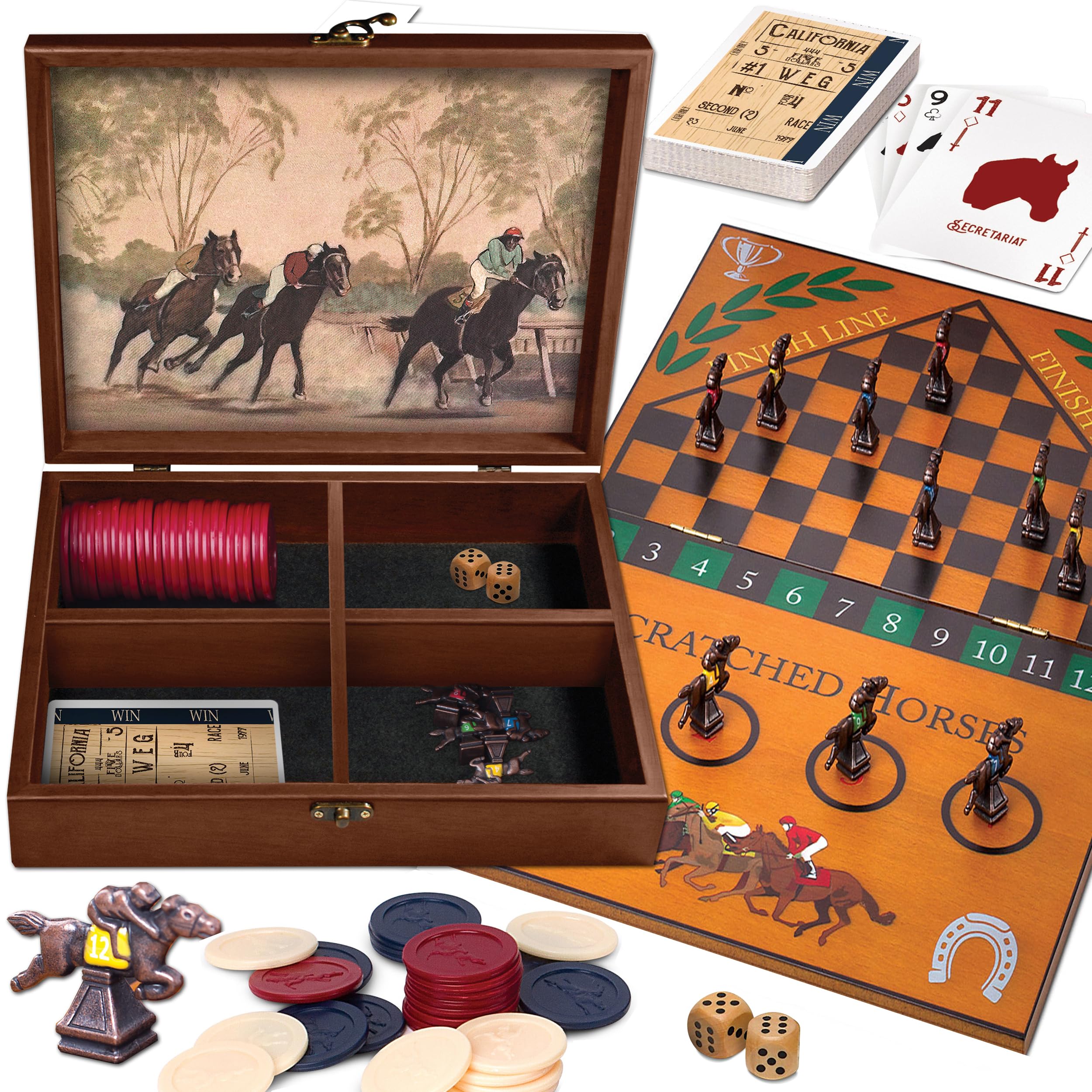 We games derby horse race board game set with metal game pieces and wooden keepsake storage box family game night board games for adults and family birthday gifts home decor living