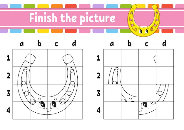 Premium vector finish the picture golden horseshoe coloring book pages for kids education developing worksheet