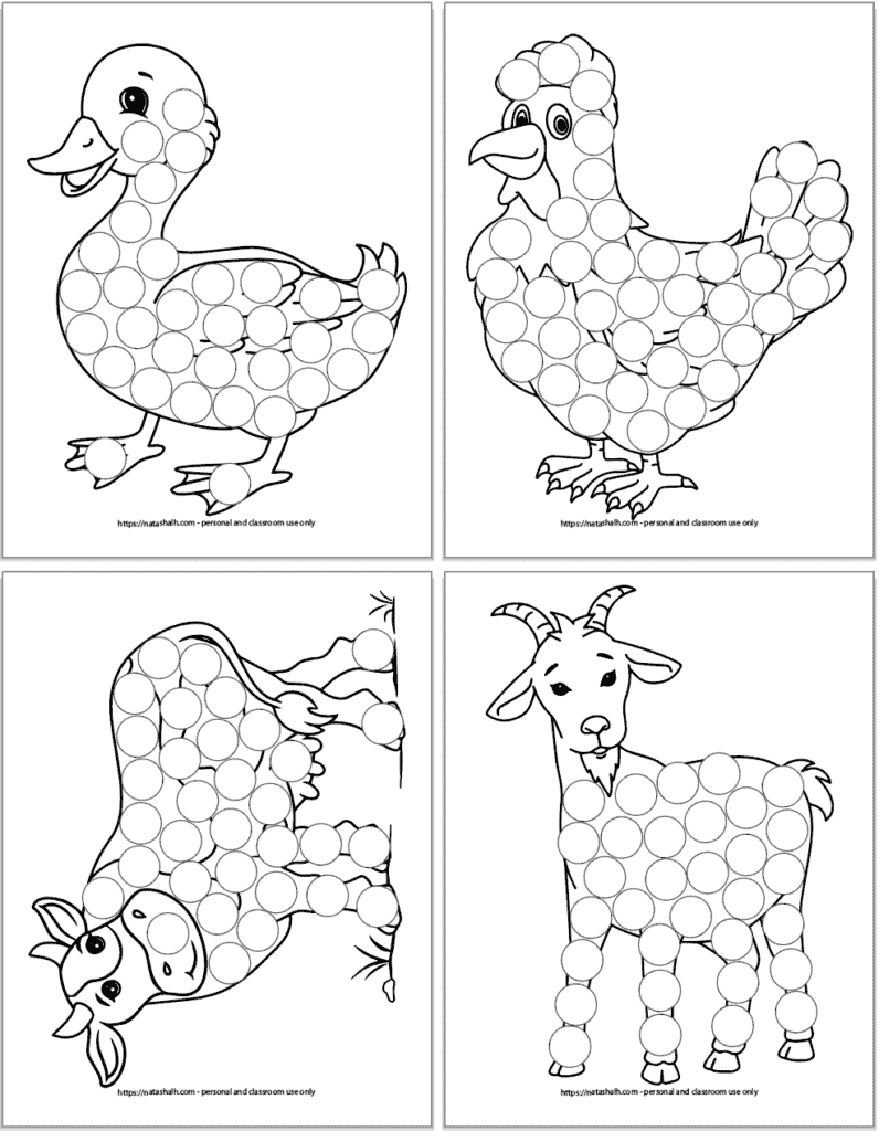 Free printable farm animal dot marker coloring pages for toddlers preschoolers