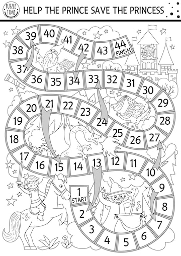 Premium vector fairytale lack and white dice coloring board game with castle magic kingdom line boardgame fairy tale activity printable worksheet for kids help the prince save the princessxa