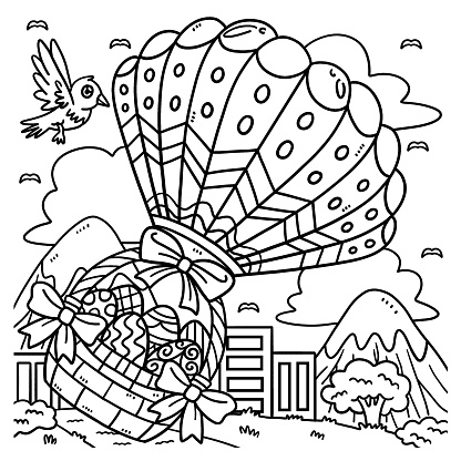 Easter basket of eggs in hot air balloon coloring stock illustration