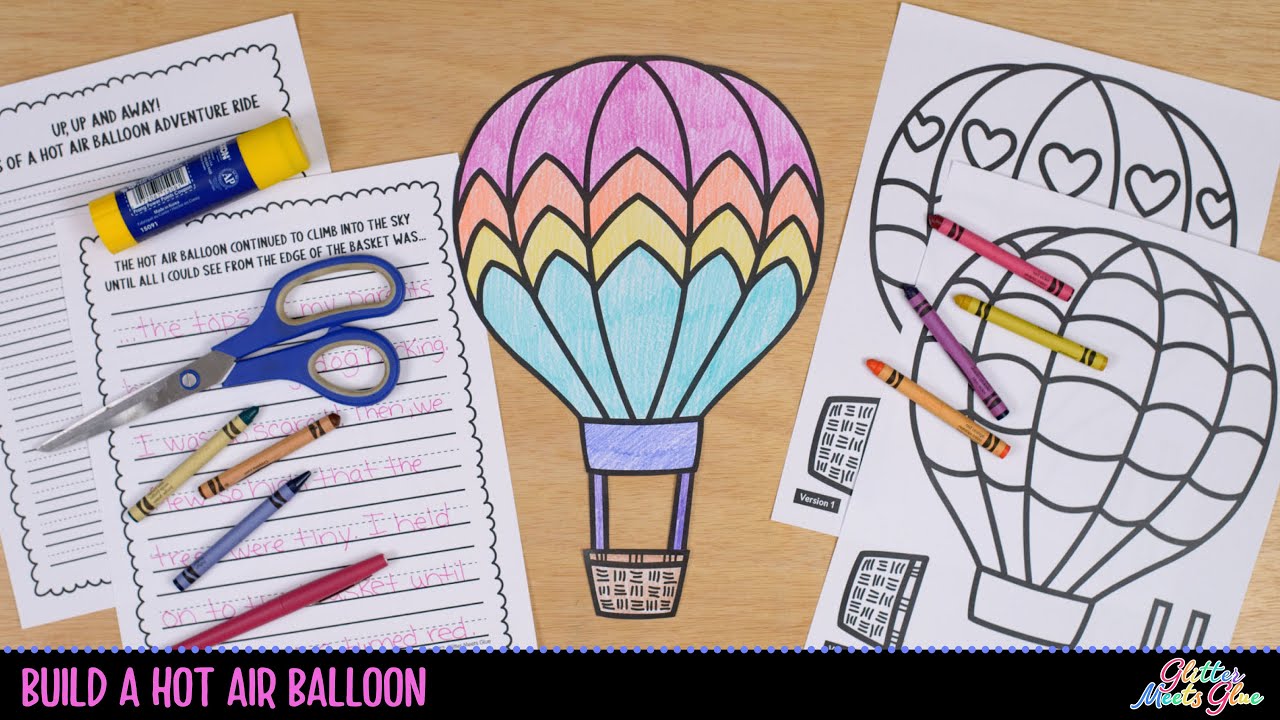 Hot air balloon coloring craft â summer writing activity template