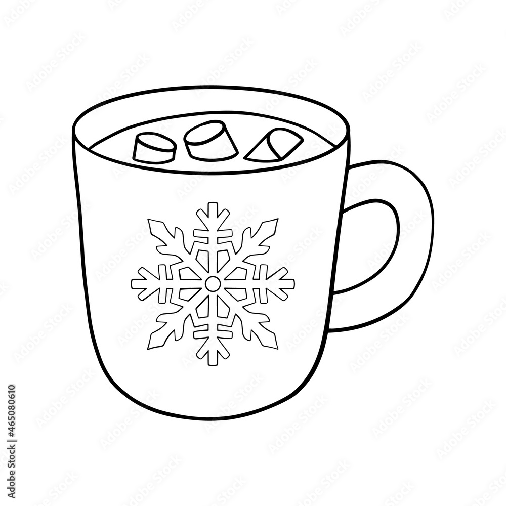 Happy new year activity for kids simple illustration of a mug of warm cocoa and marshmallow isolated on white background hand drawn vector line sketch perfect for coloring page print etc vector