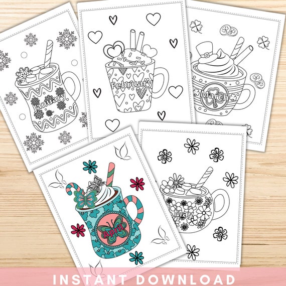 Hot chocolate mug coloring pages for kids teens adults coffee mug coloring pages month activity instant download