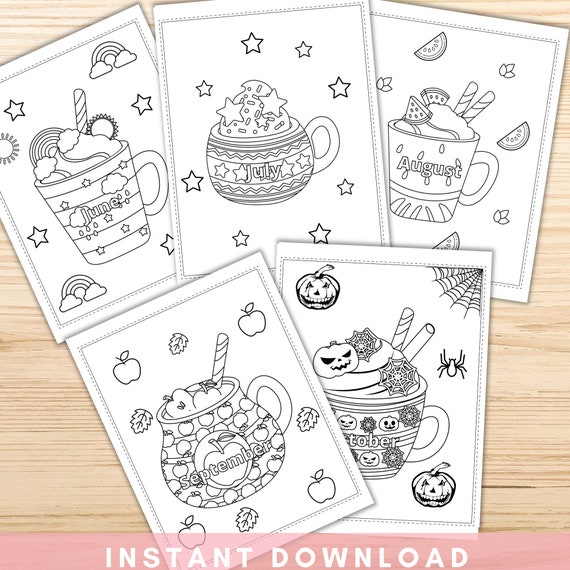 Hot chocolate mug coloring pages for kids teens adults coffee mug coloring pages month activity instant download