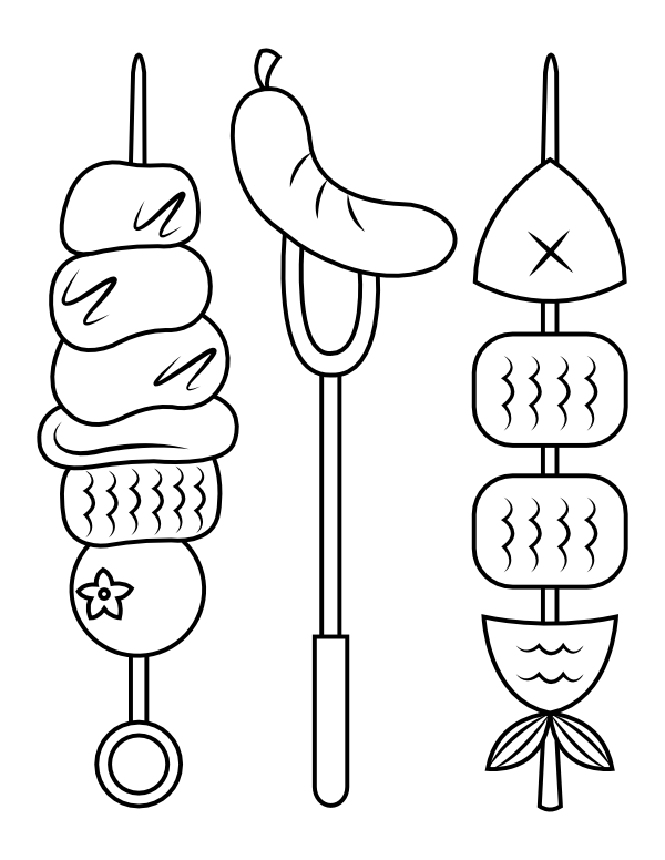 Printable hot dog and shish kebabs coloring page