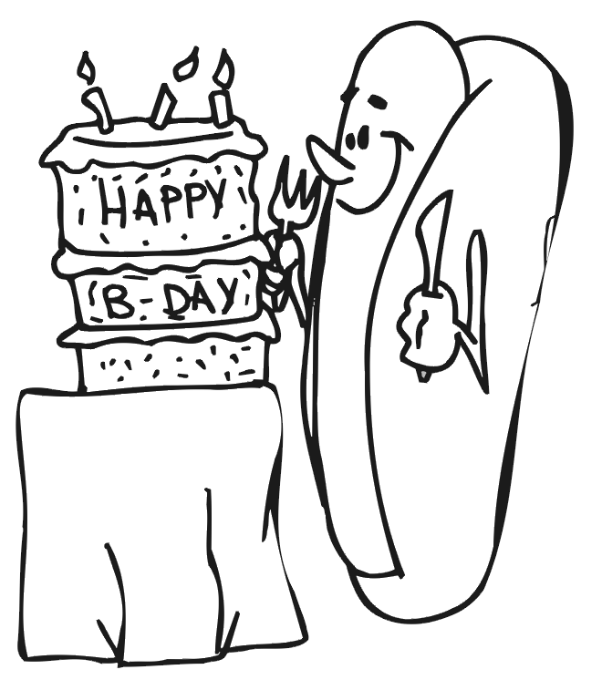 Birthday coloring page a hot dog beside a birthday cake