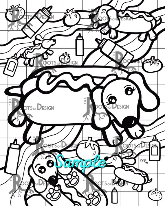 Instant download coloring page hot dog dog on a picnic doodle art printable instant download