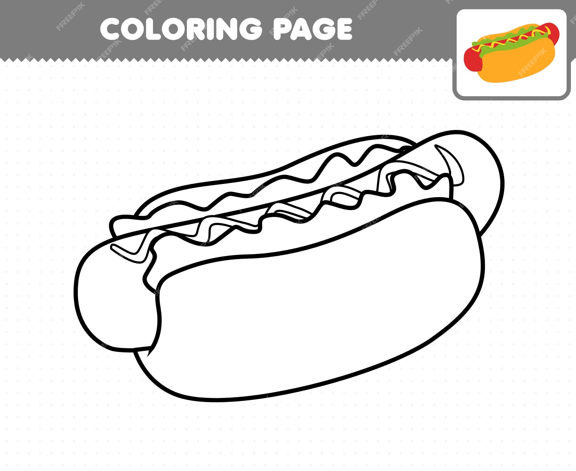 Premium vector education game for children coloring page cartoon food hotdog