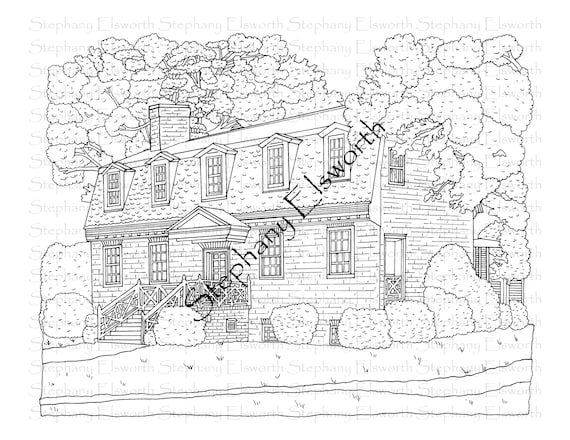 Frances land house colonial american architecture x instant download printable coloring sheet