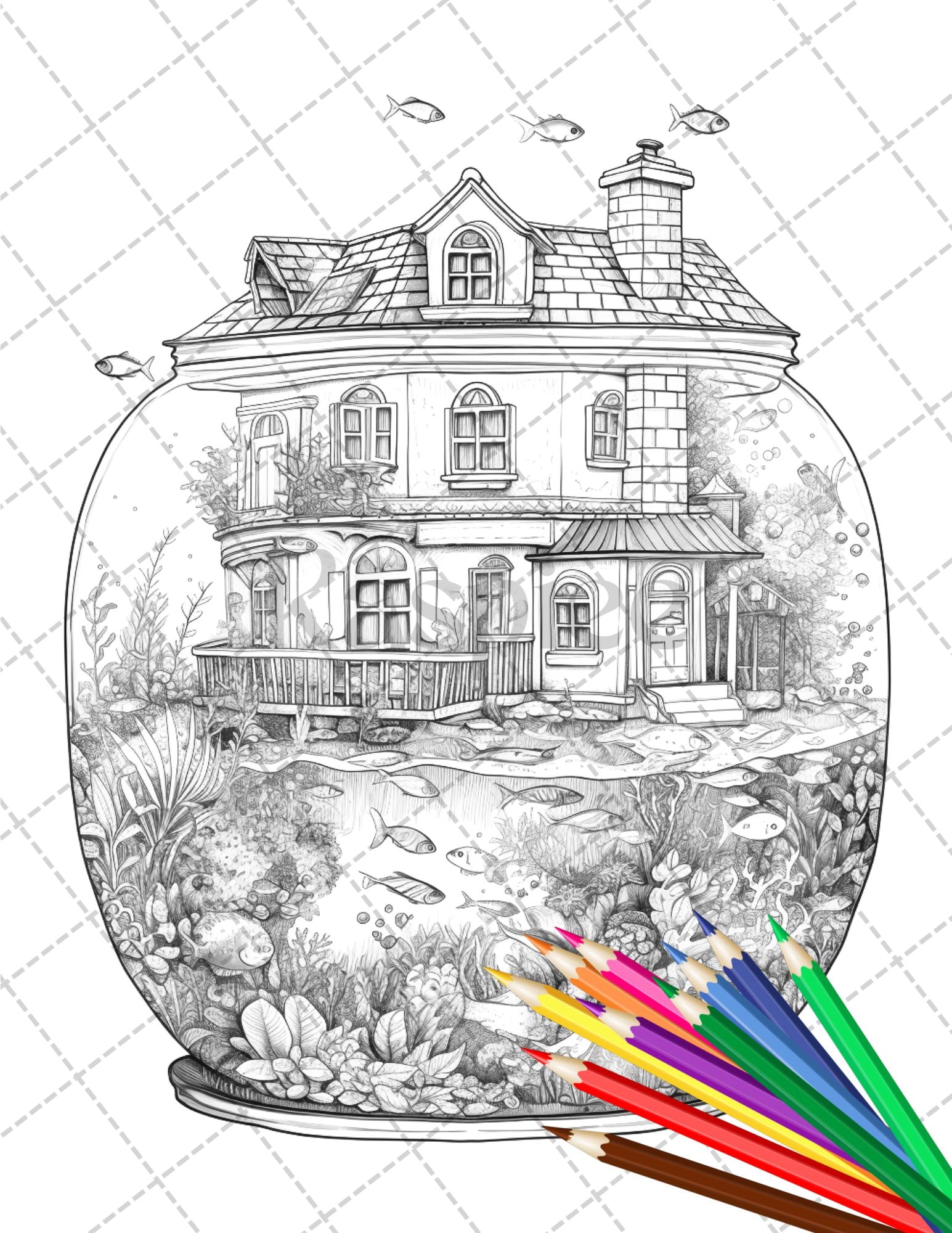 Fishtank houses coloring book for adults grayscale coloring page â coloring