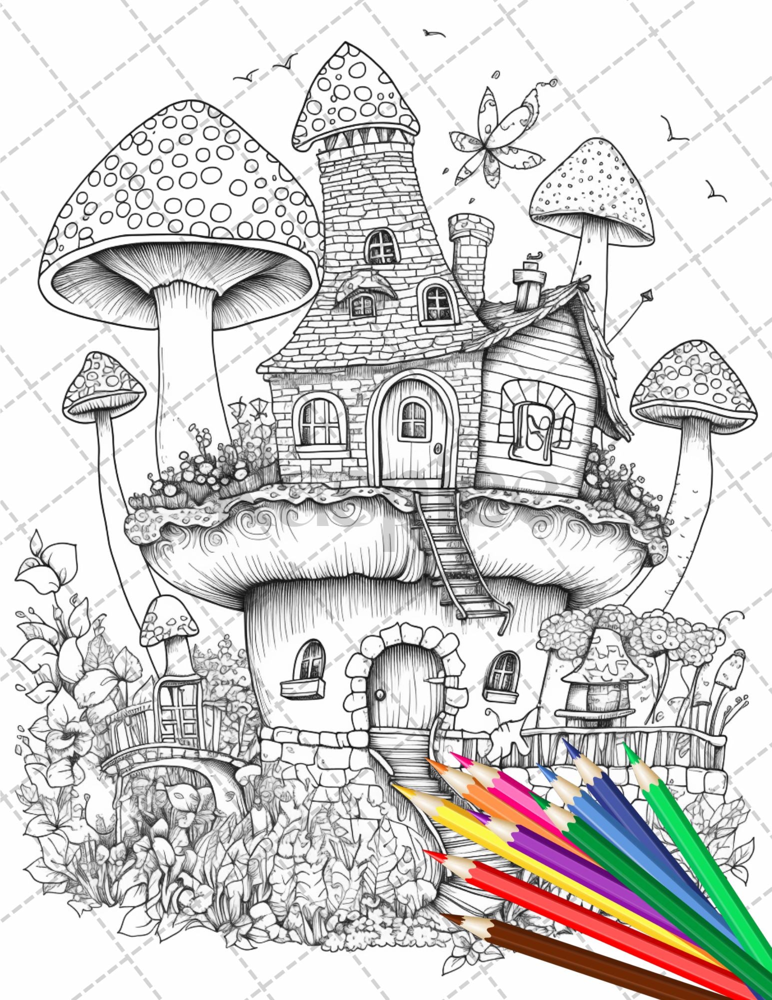 Whimsical mushroom house coloring pages for adults grayscale color â coloring