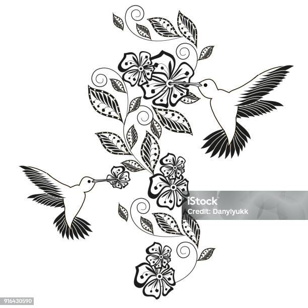 Monochrome hand drawn decorative floral element hummingbird for coloring page print tattoo stock stock illustration