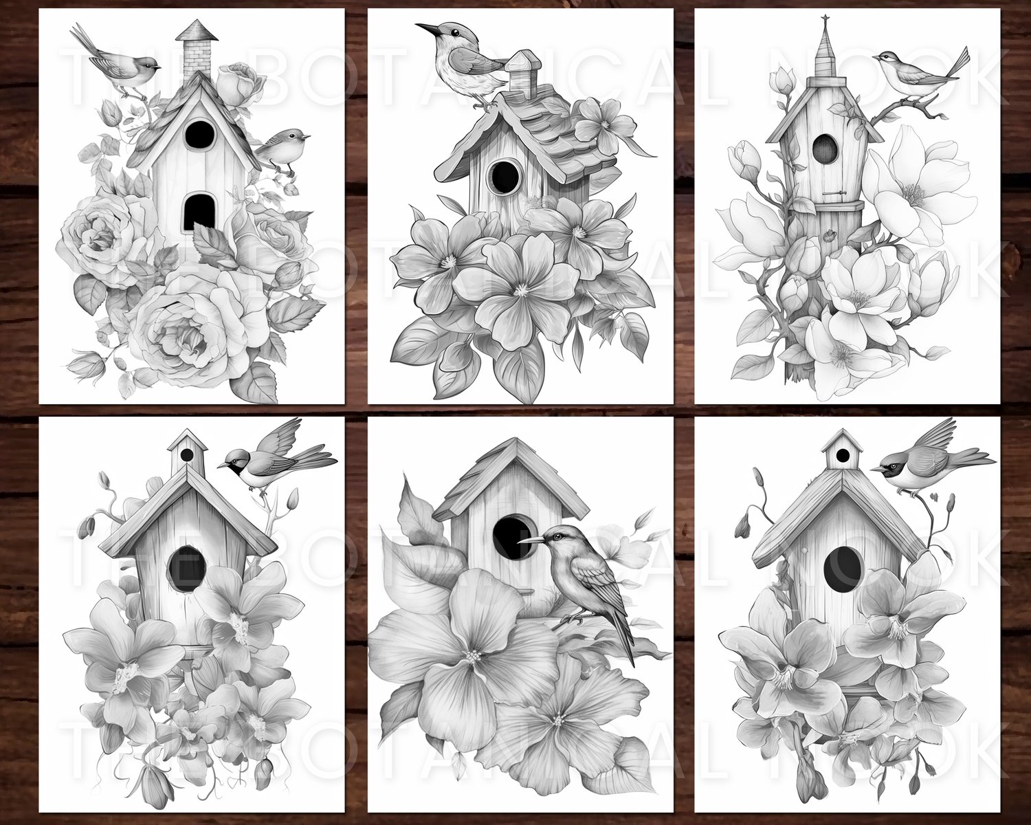 Bird houses cute coloring page book adults kids instant download grayscale coloring page printable pdf birds beauty birds flowers