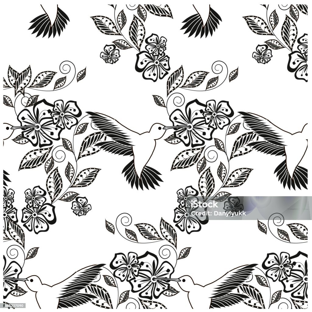 Monochrome hand drawn seamless floral pattern hummingbird for coloring page print tattoo stock vector illustration stock illustration