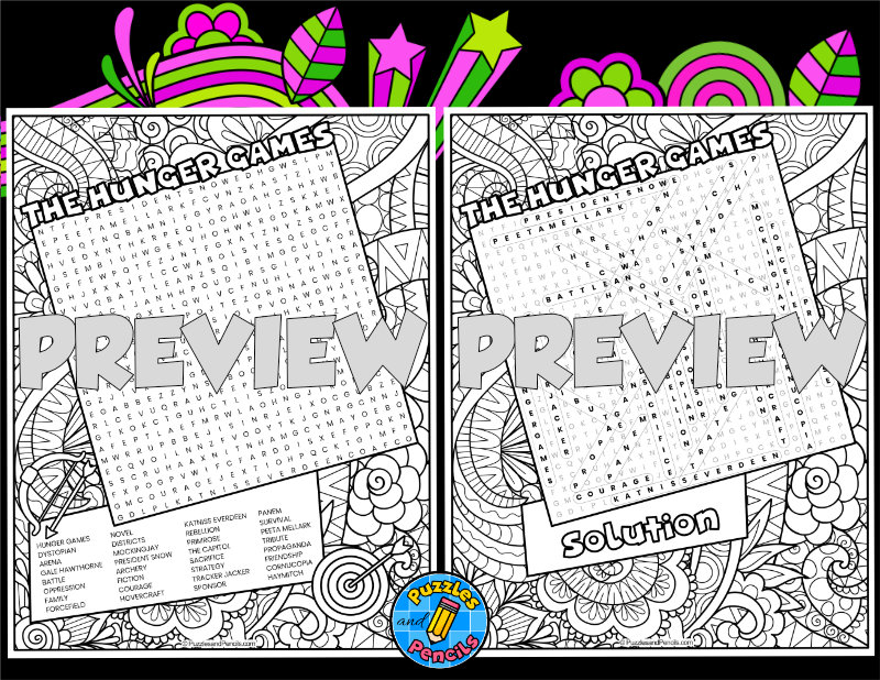 The hunger games word search puzzle activity page with colouring teaching resources