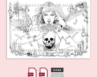 Sabbath gandaleah coloring pages printable adult women halloween spooktober coloring page book download grayscale illustration pdf jpg