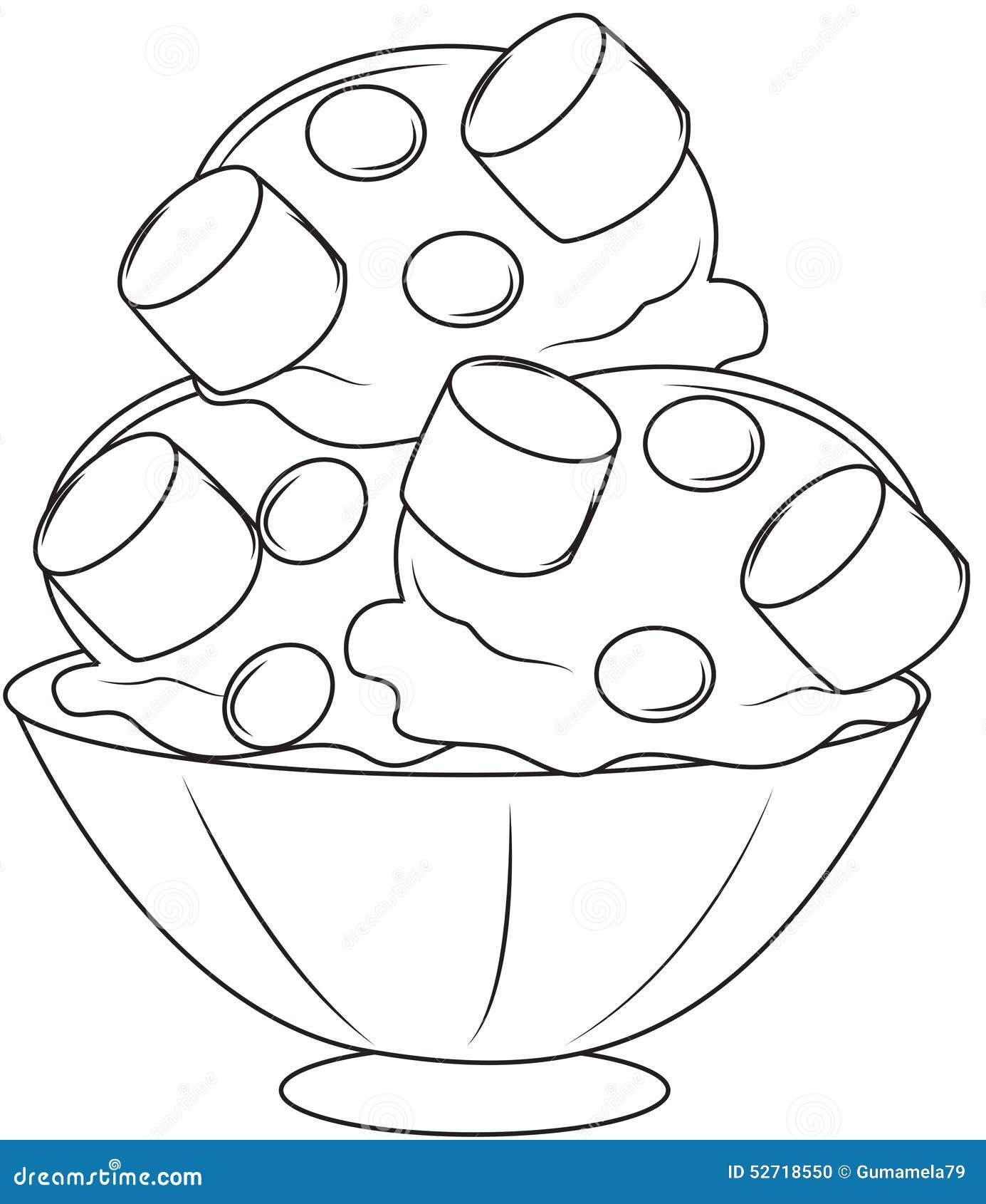 Ice cream with marshmallows coloring page stock illustration