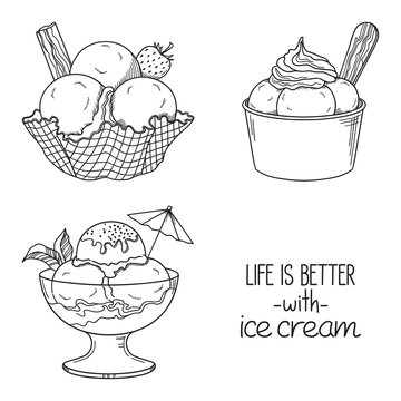 Set of hand drawn ice cream served in glass waffle and paper bowls vector