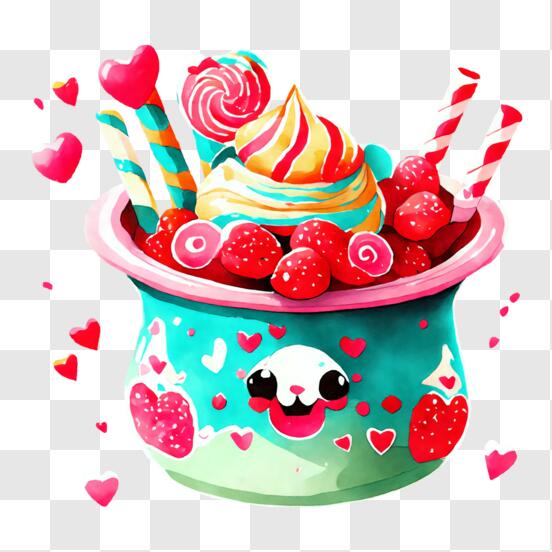 Download colorful ice cream bowl with sweet treats and cartoon characters png online