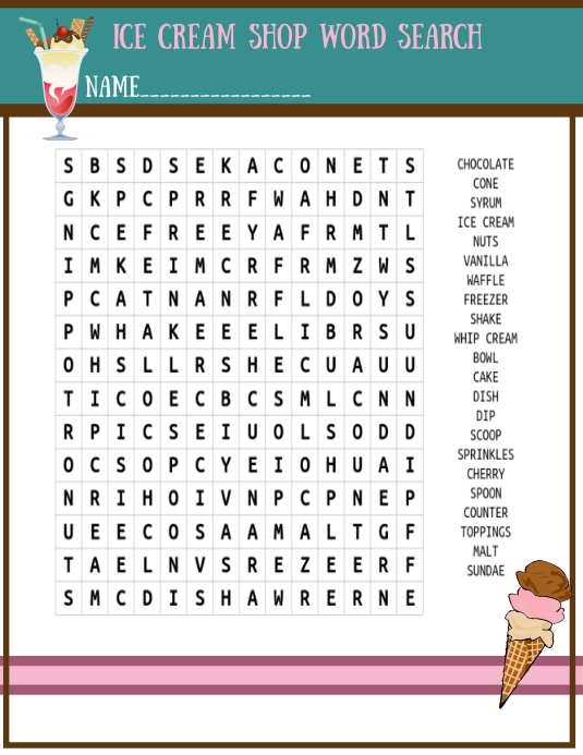Ice cream shop word search worksheet template