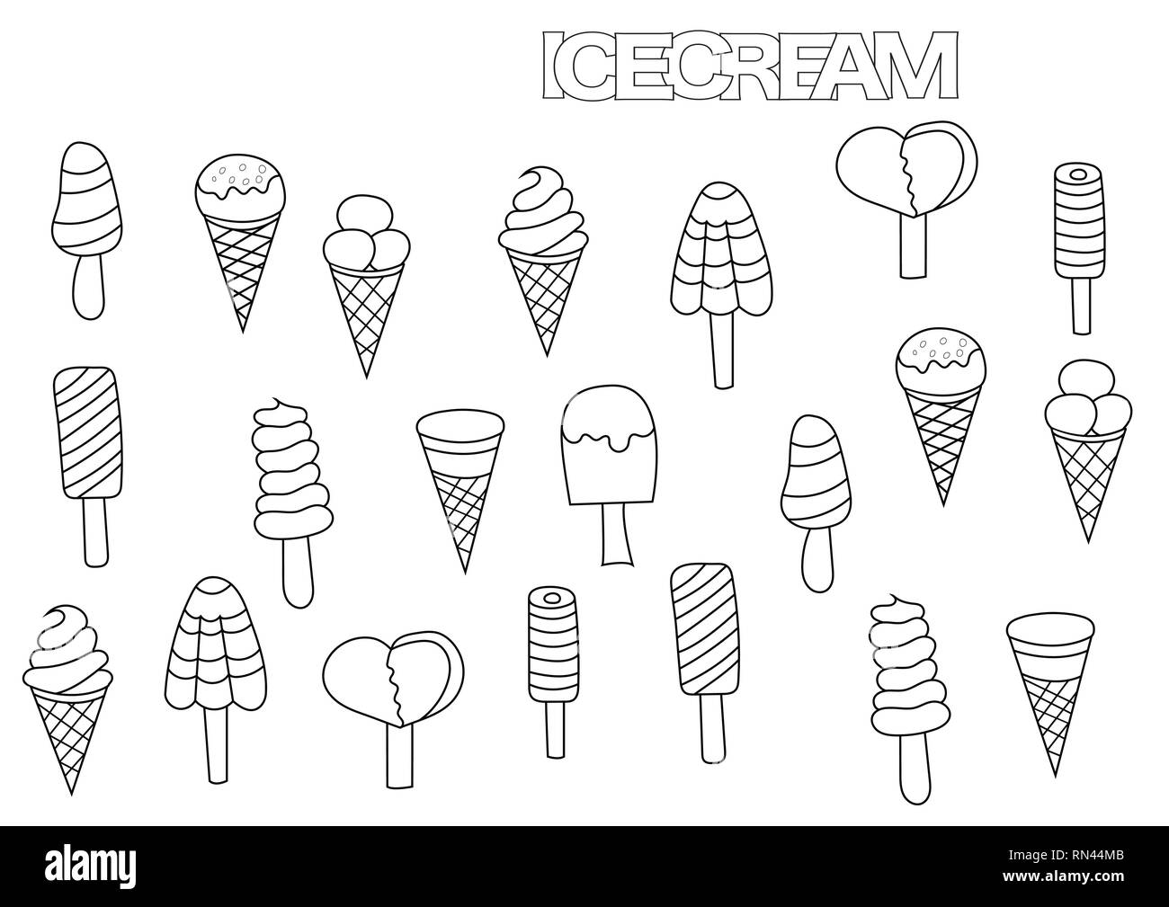 Hand drawn ice cream set coloring book page template outline doodle vector illustration stock vector image art