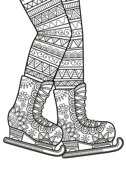 Vector coloring book page for adult black and white ice skates with pattern in a mandala style stock illustration