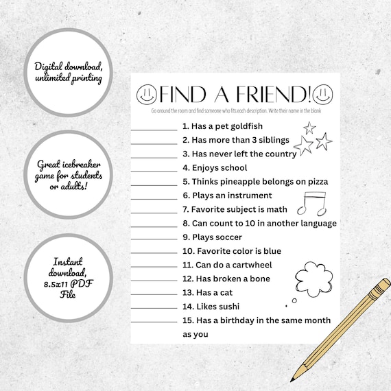 Ice breaker group game printable find a friend youth group classroom club game encourages kids or adults to get to know others
