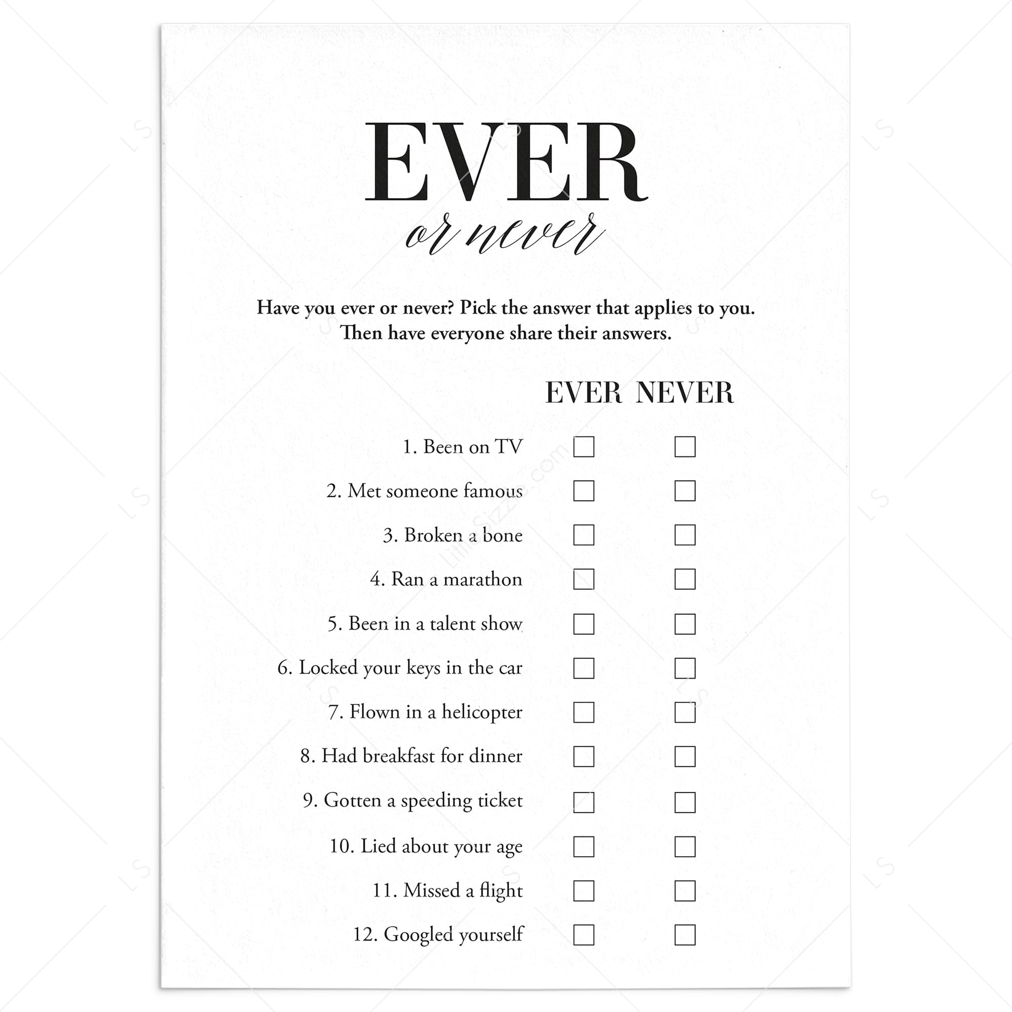 Ever or never icebreaker game conversation starter printable never have i ever â