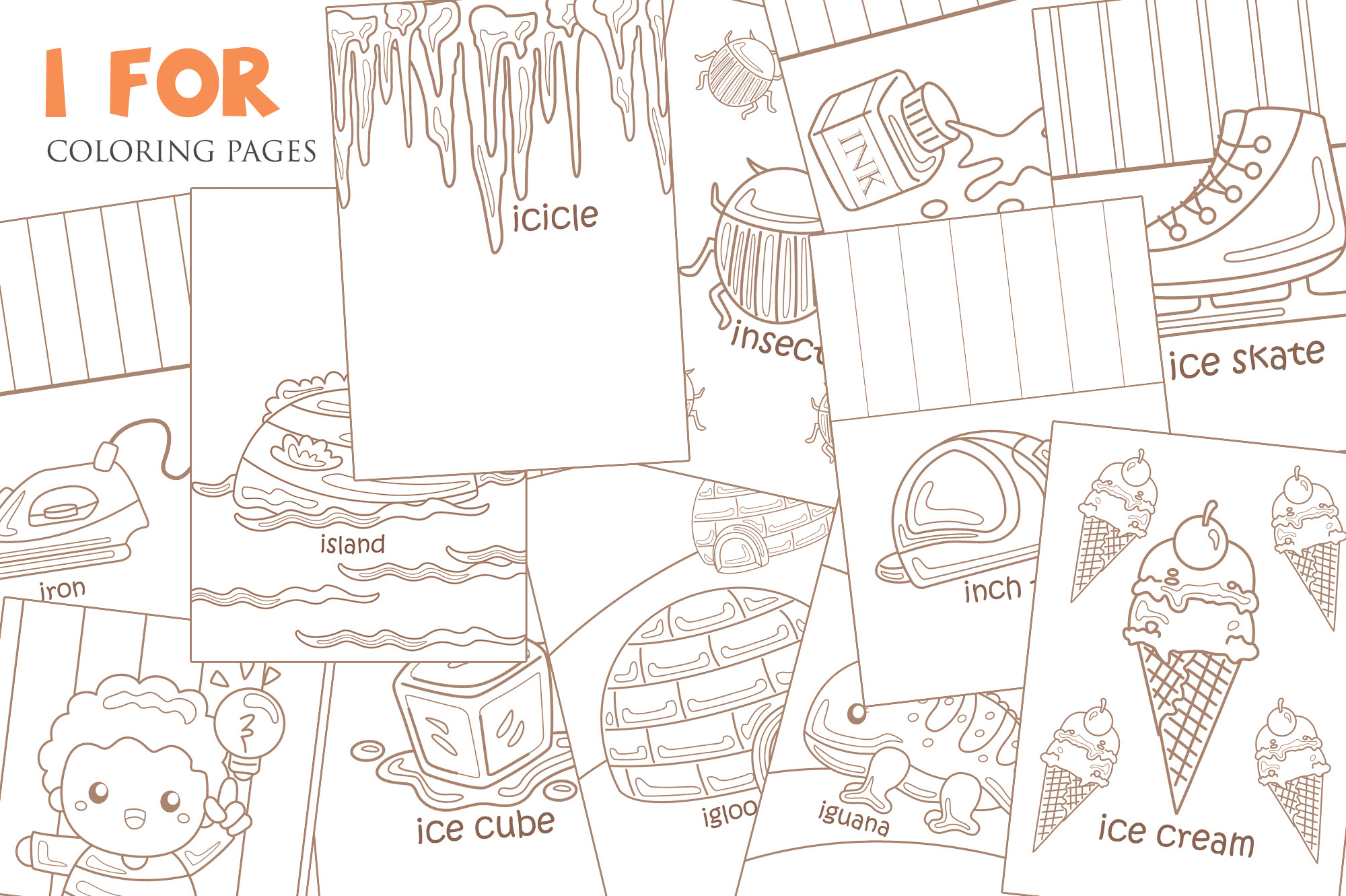 Alphabet i for vocabulary school letter reading writing font study learning student toodler kids cartoon island inch tape ice cube ink ice skate idea iron ice cream insect igloo ice cream iguana
