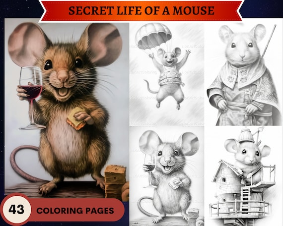 Secret life of a mouse coloring pages coloring pages adults and kids instant download grayscale coloring page printable pdf