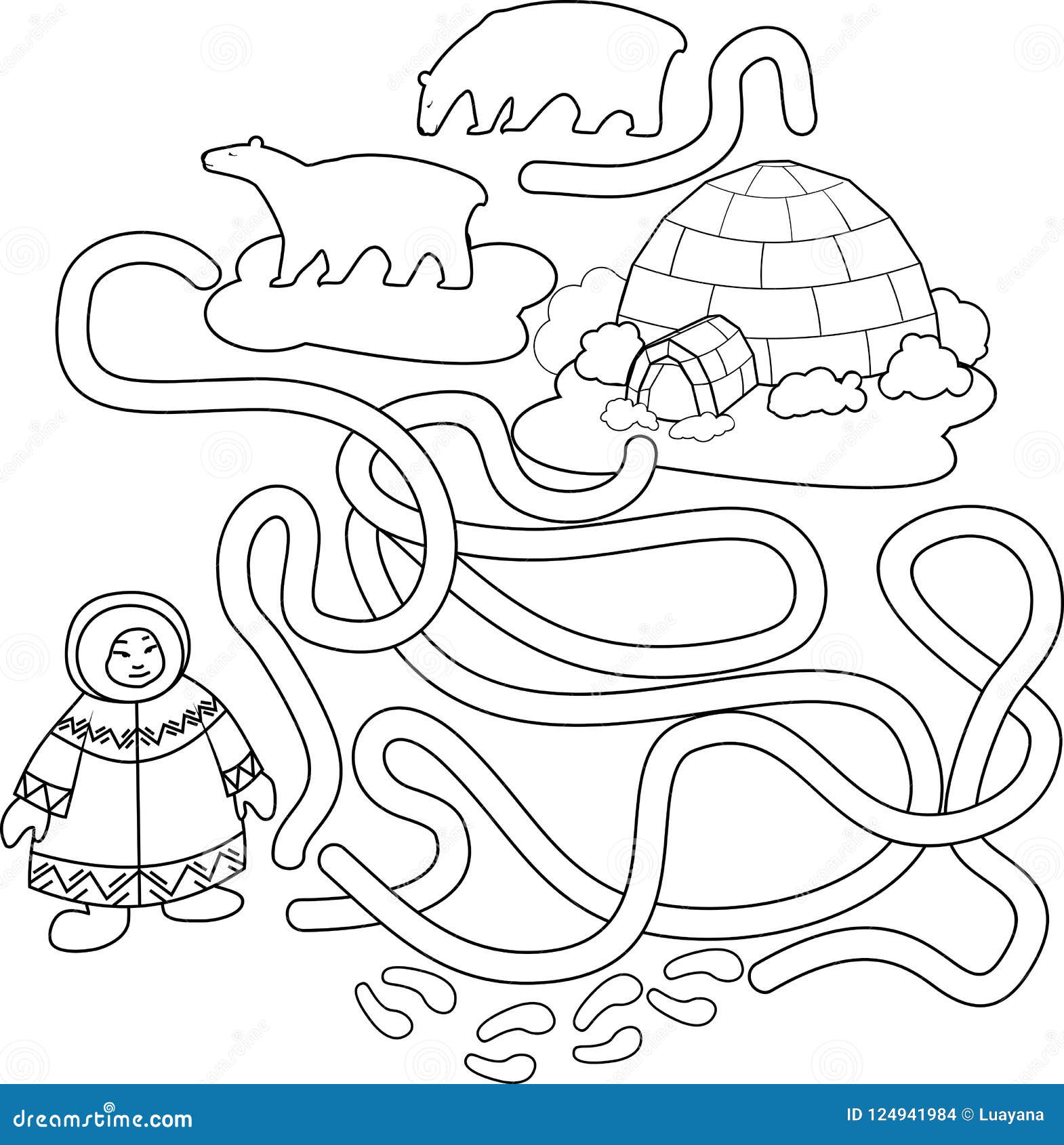 Coloring page help the eskimo find the way to igloo stock vector
