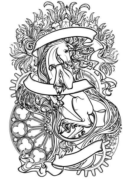 Intricate drawing of hte legendary unicorn on a decorative flames and plants ornament with a motivation motto black line drawing isolated on white background stock illustration